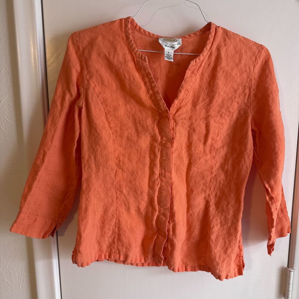 Womens 8 Vintage Talbots 100% Irish Linen Orange Button Front Blouse 3/4 Sleeve